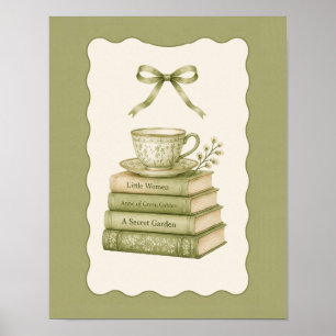 (Poster) Vintage grüner Bücherstapel und Teetasse Poster