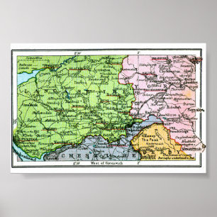 Poster - Vintage Karte von Yorkshire/Lancashire 
