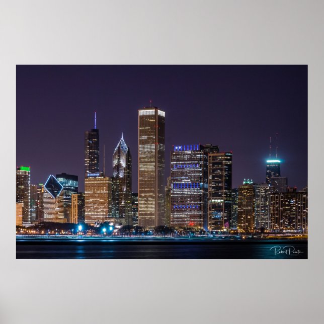Poster von Chicago Skyline Illinois mit Night Sky (Vorne)