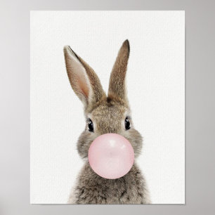 Poster von Kaninchen, das rosa Kaugummi bläst
