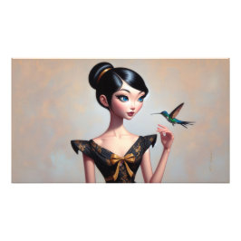 Poster Whimsical Asian Girl with Hummingbird