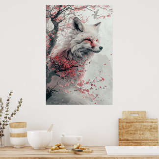PosterKitsune Geist – Japanischer Fuchs in Blütenp Poster