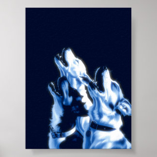 Posterprint Wandkunst mit heulenden Hunden in blau Poster