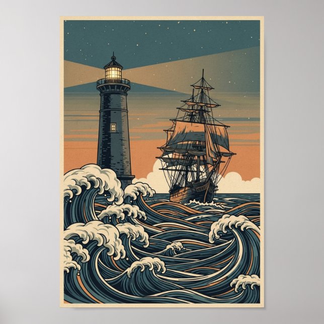 Posters Vintage Ocean Lighthouse Print Poster (Vorne)