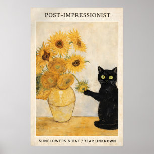 Postimpressionistischer Katzen-Sonnenblumen-Druck, Poster