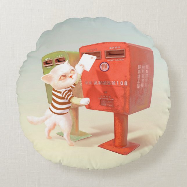 Posting-Zeit - Katze mit taiwanesischer Mailbox Rundes Kissen (Vorderseite)