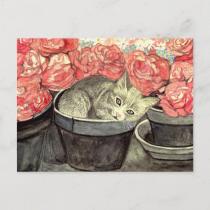 Postkarte Aquarell "Kätzchen im Blumentopf"