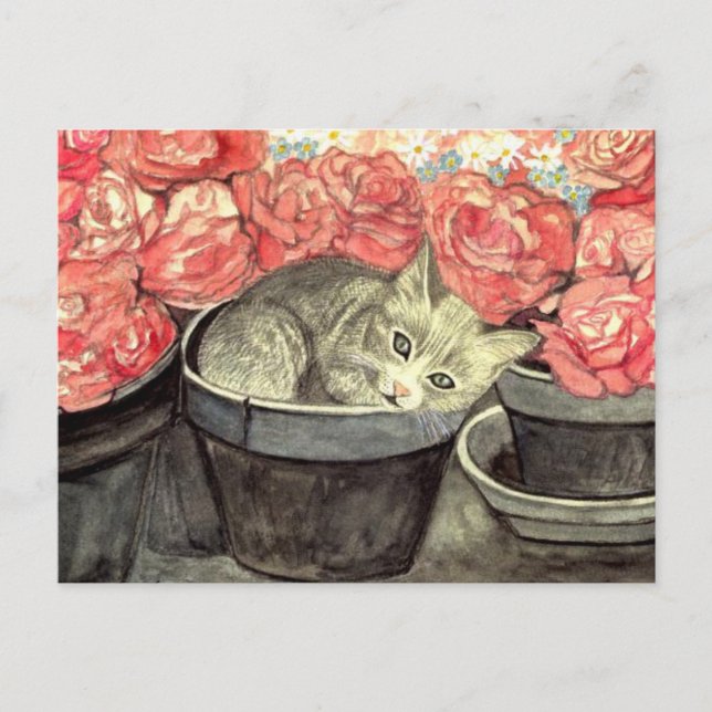 Postkarte Aquarell "Kätzchen im Blumentopf" (Vorderseite)