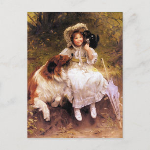 Postkarte: Collie Dog, Girl and Cat Postkarte
