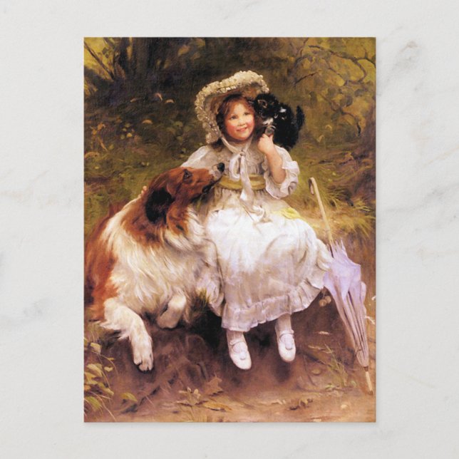 Postkarte: Collie Dog, Girl and Cat Postkarte (Vorderseite)