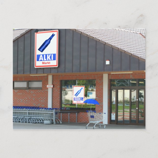 Postkarte - der "Blaue Schirm" kauft ein (Vorderseite)