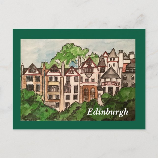 Postkarte Edinburgh (Häuser neben Schloss) grün (Vorderseite)