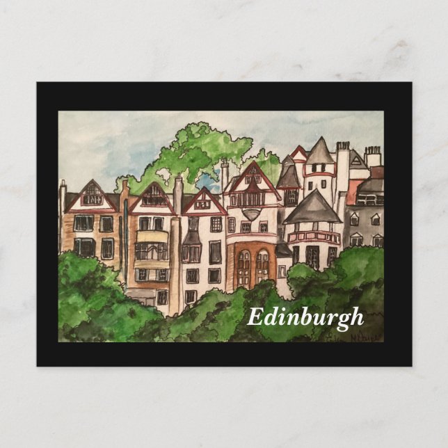 Postkarte Edinburgh ( Häuser neben Schloss) schwar (Vorderseite)