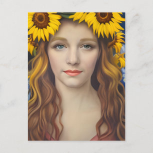 Postkarte Frau mit Sonnenblumenkrone