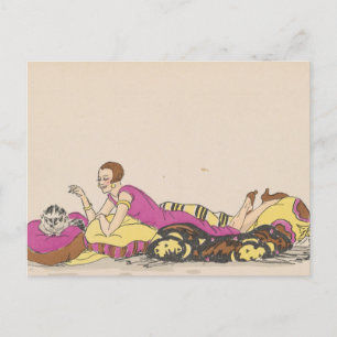 Postkarte - Frau und Katze - französischer Künstle