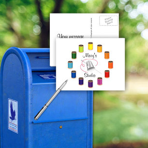 Postkarte für Nähen, Nadel und Fäden