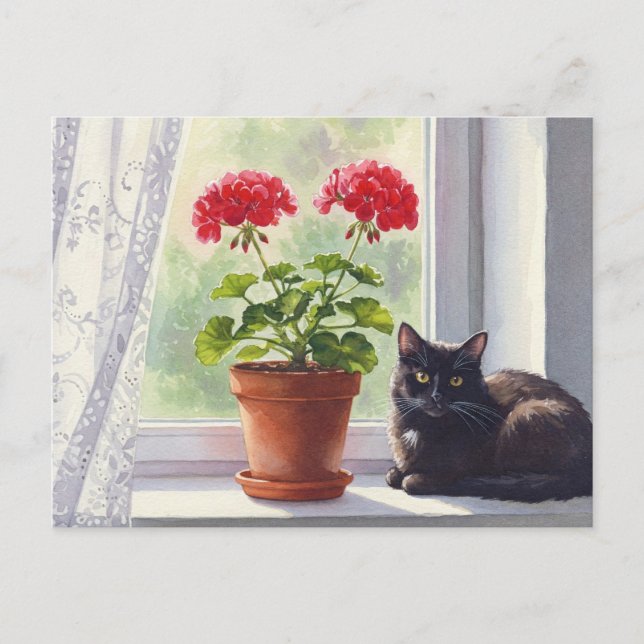 Postkarte für Rotes Geranium und Schwarze Katzen (Vorderseite)