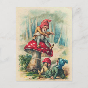 Postkarte "Gnome spielen auf einem Fliegenpilz"