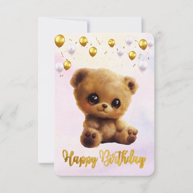 Postkarte "Happy Birthday" mit einem Teddybär. (Vorderseite)