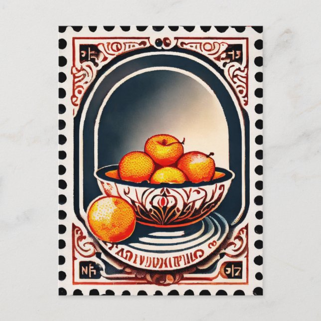 Postkarte im Stil der Briefmarke, Obst, Postüberga (Vorderseite)