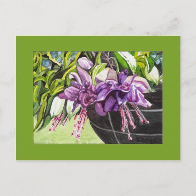 Postkarte - "Lisa" Fuchsienkorb mit Blüten (Vorderseite)