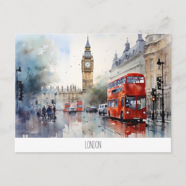 Postkarte mit Big Ben und rotem Bus in London (Vorderseite)