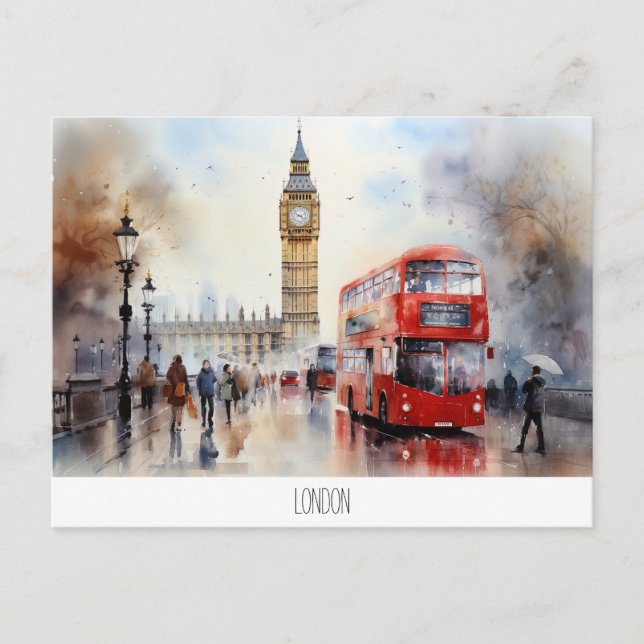 Postkarte mit Big Ben und rotem Bus in London (Vorderseite)