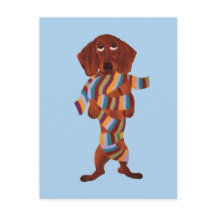 Postkarte mit Dachshund in Schal verheddert