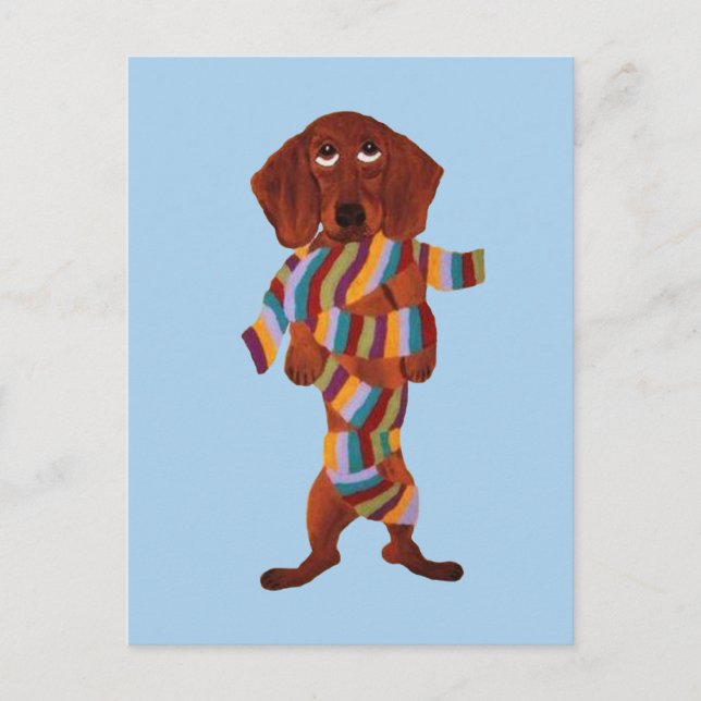 Postkarte mit Dachshund in Schal verheddert (Vorderseite)