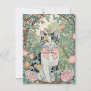 Postkarte mit Dreifarbenkatze und Blumen