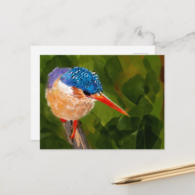 Postkarte mit handgemaltem Eisvogel (Vorderseite/Rückseite Beispiel)