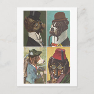Postkarte mit Hunden in Kleidung im Vintage-Stil