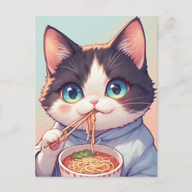 POSTKARTE MIT KATZE DIE RAMEN-NUDELN ISST (Vorderseite)
