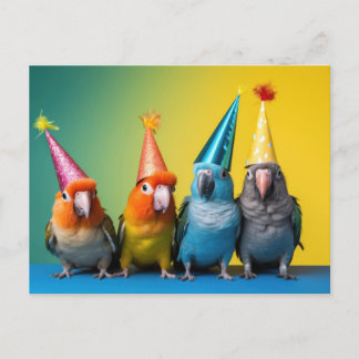 Postkarte mit Papageien mit Party Hats auf
