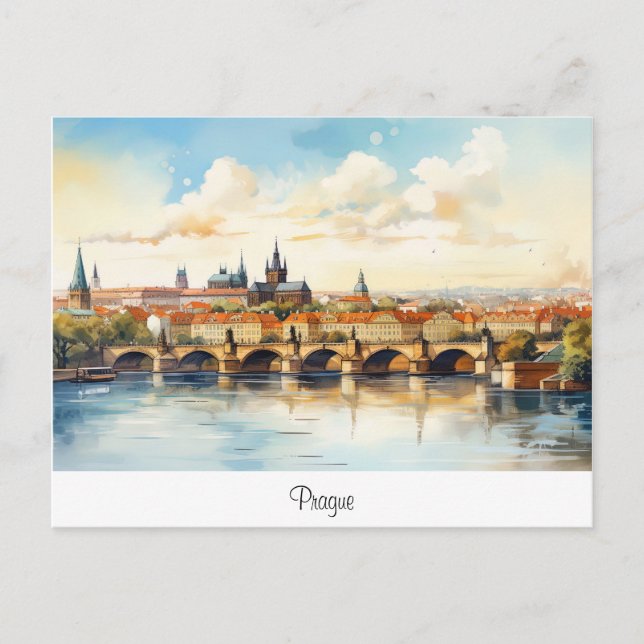 Postkarte mit Prag, bemalte Landschaft. (Vorderseite)