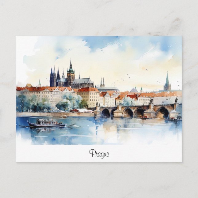 Postkarte mit Prag, bemalte Landschaft. (Vorderseite)
