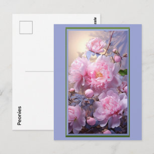 Postkarte mit rosa Pfingstrosenknospen und -blüten