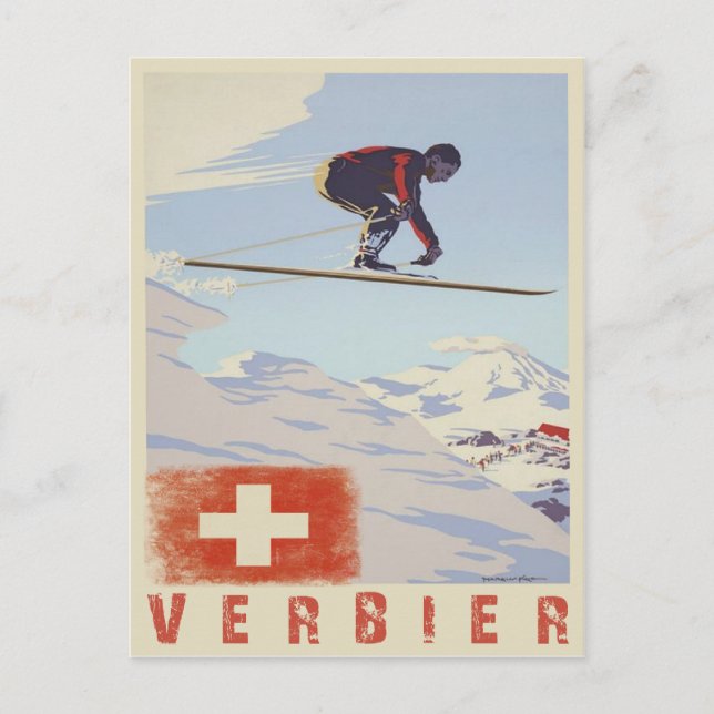 Postkarte mit Schweizer Vintager Skidruckerei (Vorderseite)
