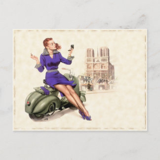 Postkarte mit Vintagem Mädchen auf ihrem Motorrad