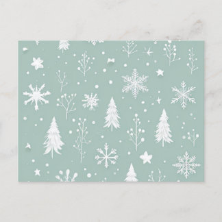 Postkarte mit weißen Bäumen und Schneeflocken