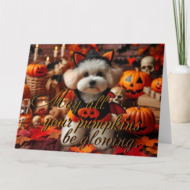 Postkarte "Mögen alle Ihre Kürbis leuchten?" (Vorderseite)