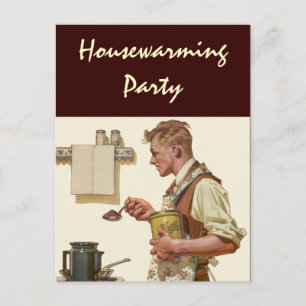 Postkarte Retro Mann macht Kaffee Einweihungsparty