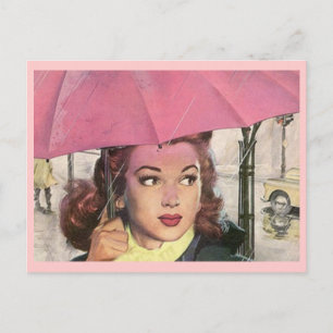 Postkarte Retro Regentag Dusche & ein rosa Regensc