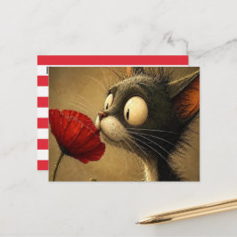Postkarte Schwarz-Weiß-Katze rote Blume Streifen