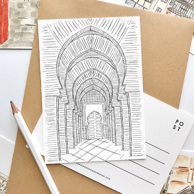 Postkarte Schwarz/Weiß Marokkos (Black and white sketch Morocco travel postcard.)