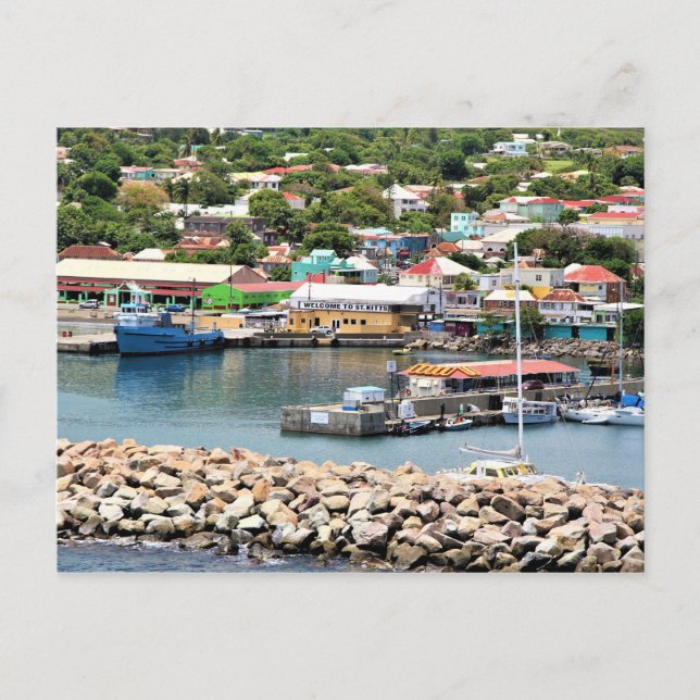 Postkarte, St. Kitts - Boote und Gebäude Postkarte (Vorderseite)