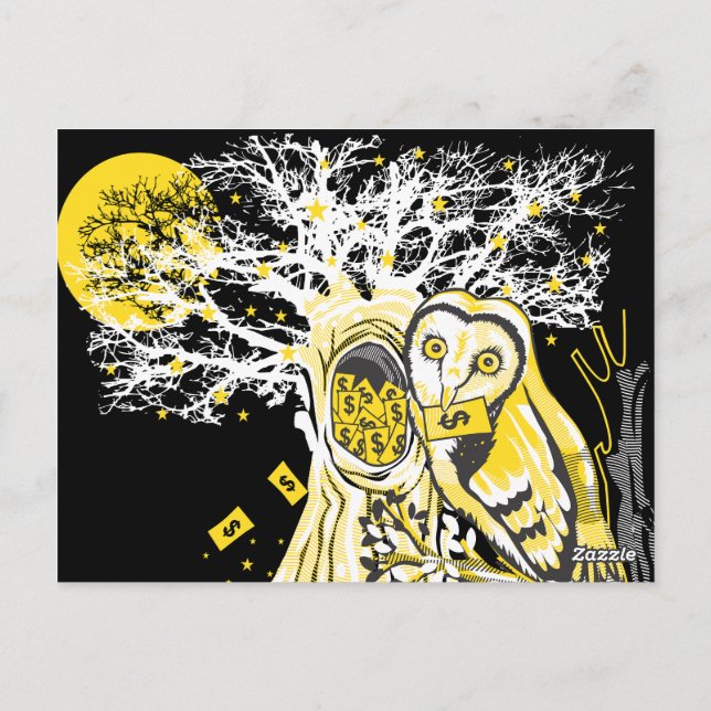 Postkarte – Stadttauben-Eule & Reichtum Surrealer  (Rückseite)