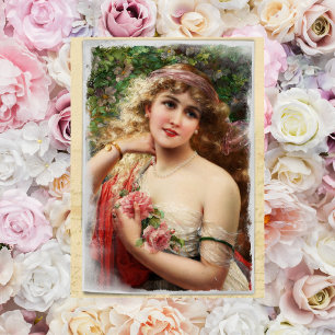 Postkarte viktorianische Frau mit rosa Rosen