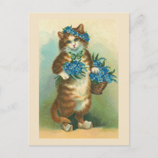 Postkarte "Vintage Katze mit Vergessenmeinungen"