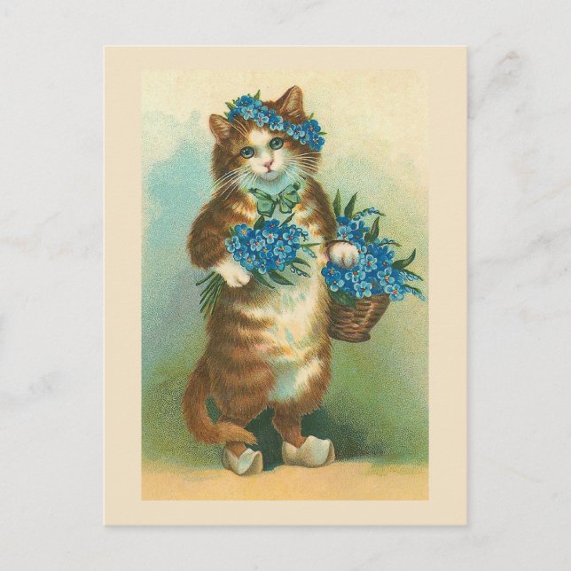 Postkarte "Vintage Katze mit Vergessenmeinungen" (Vorderseite)